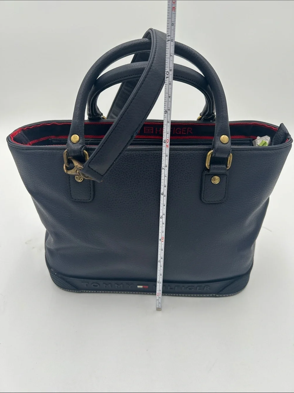 Y2K Tommy Hilfiger Navy Pebbled Leather Tote Bag  Detachable Crossbody Strap